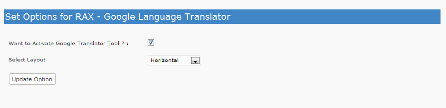 RAX - Google Language Translator Admin Screenshot